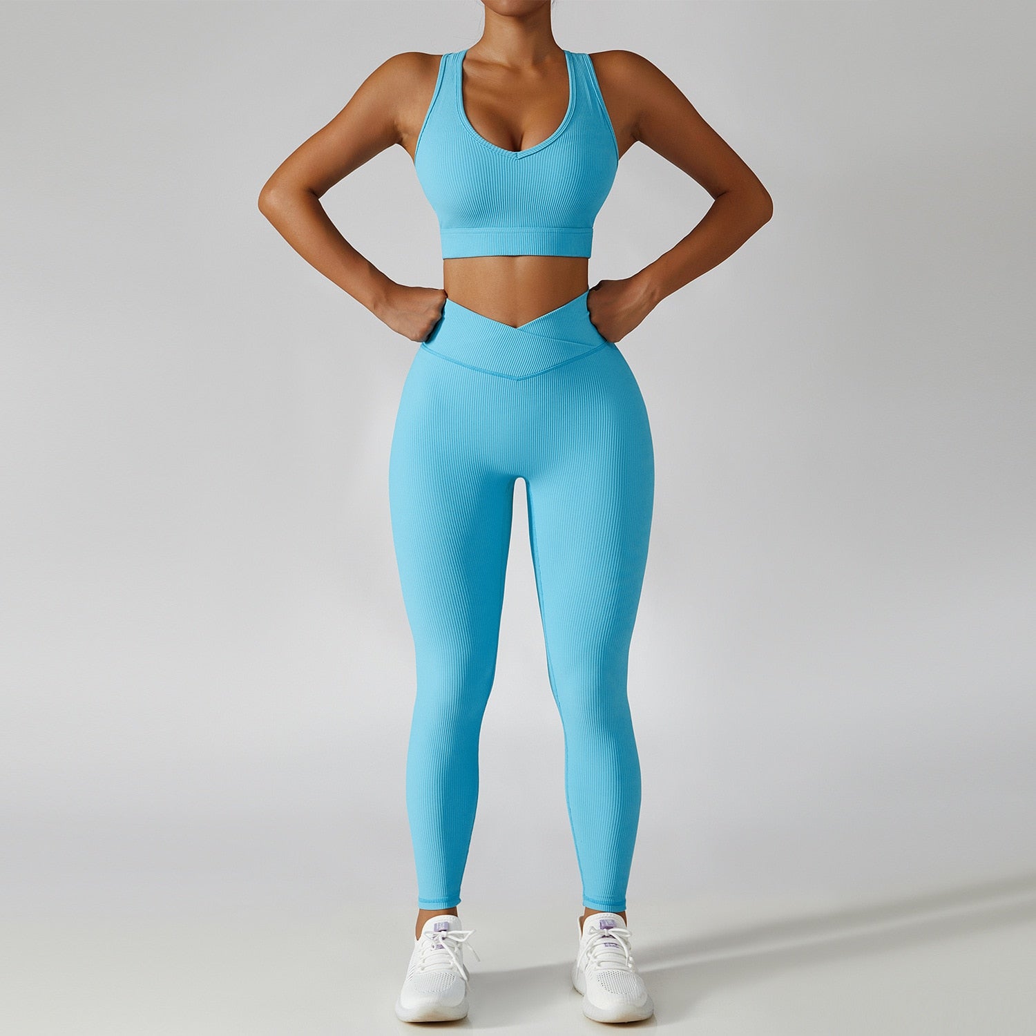 Women's Two Piece Blue Ribbed Modern Athletic Sports Bra High Waisted Yoga Leggings Workout Set