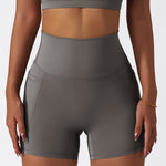 Women's Solid Grey Color Seamless High Waisted Yoga Athletic Shorts With Pockets