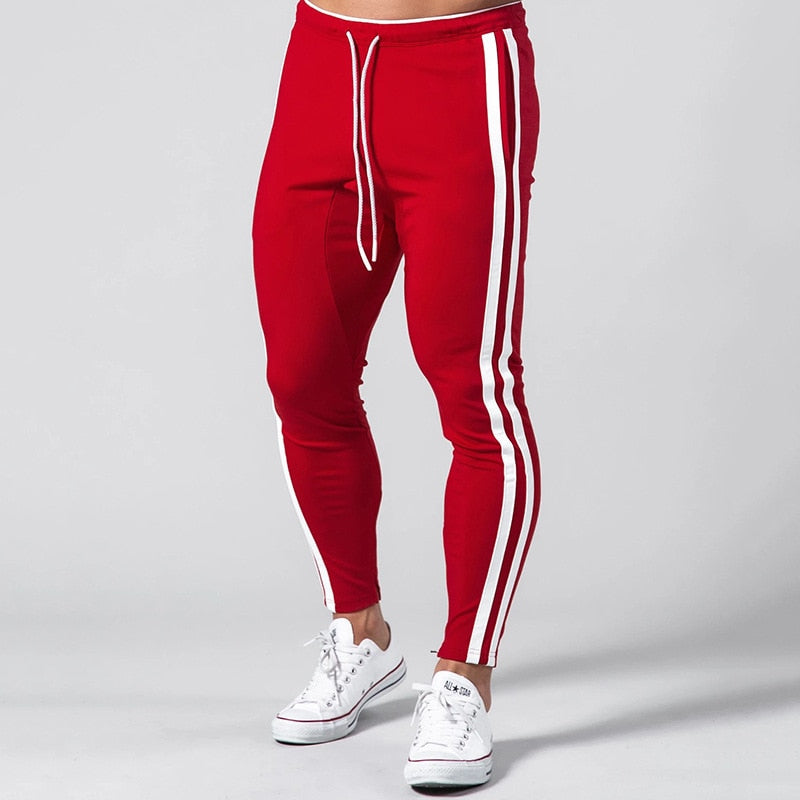 Men's Red Classic White Stripe Athletic Gym Fitness Jogger Sweatpants