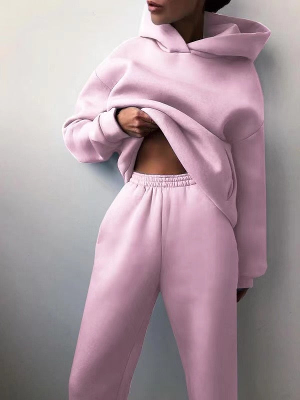 Women's Trendy Pink Winter Super Soft Two Piece Oversized Hoodie Joggers Sweatsuit Set