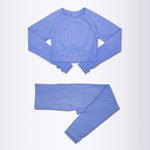 Women's 2-Piece Seamless Blue Long Sleeve Crop Top Yoga Activewear Set
