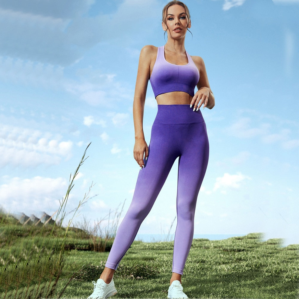 Women's Purple Ombre Gradient Seamless Athletic Sports Bra High Waisted Yoga Leggings Set 