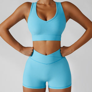 Women's Two Piece Blue Ribbed Modern Athletic Sports Bra High Waisted Shorts Workout Set