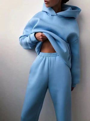 Women's Trendy Sky Blue Winter Super Soft Two Piece Oversized Hoodie Joggers Sweatsuit Set