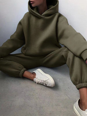 Women's Trendy Army Olive Green Winter Super Soft Two Piece Oversized Hoodie Joggers Sweatsuit Set