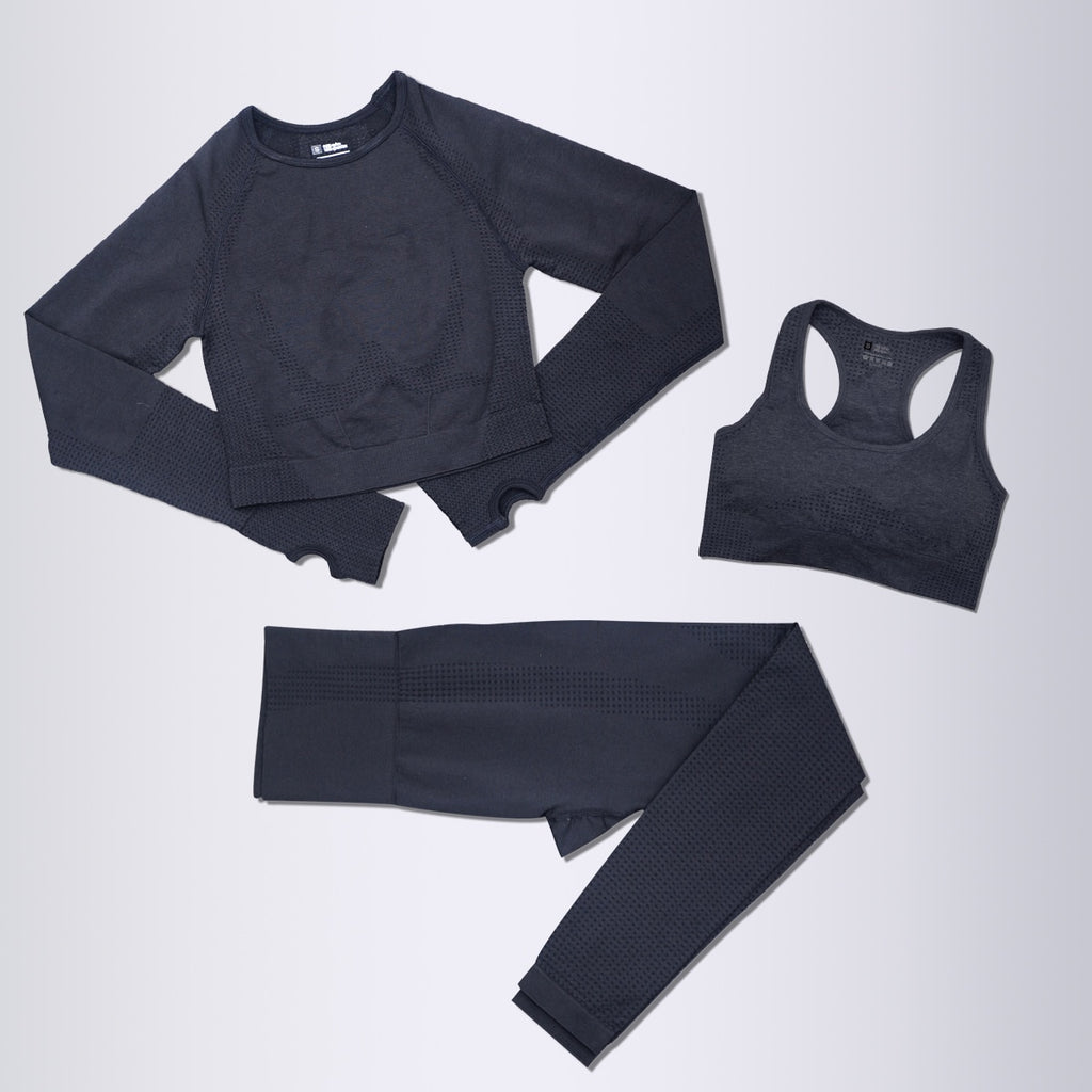 Women's 3-Piece Seamless Black Long Sleeve Crop Top Yoga Activewear Set