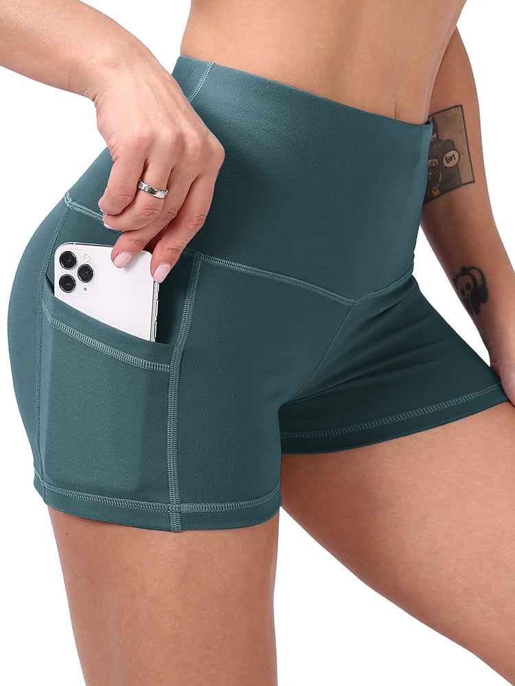 Women's Classic High-waisted Teal Green Athletic Yoga Shorts With Pockets