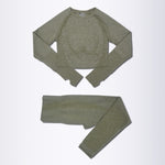 Women's 2-Piece Seamless Olive Army Green Long Sleeve Crop Top Yoga Activewear Set