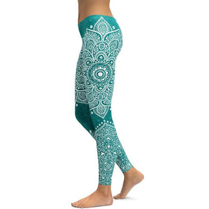 Women's Mid-rise Teal Mandala Athletic Yoga Leggings