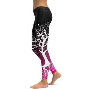 Women's Mid-rise Black Pink Gradient Tree Of Life Athletic Yoga Leggings