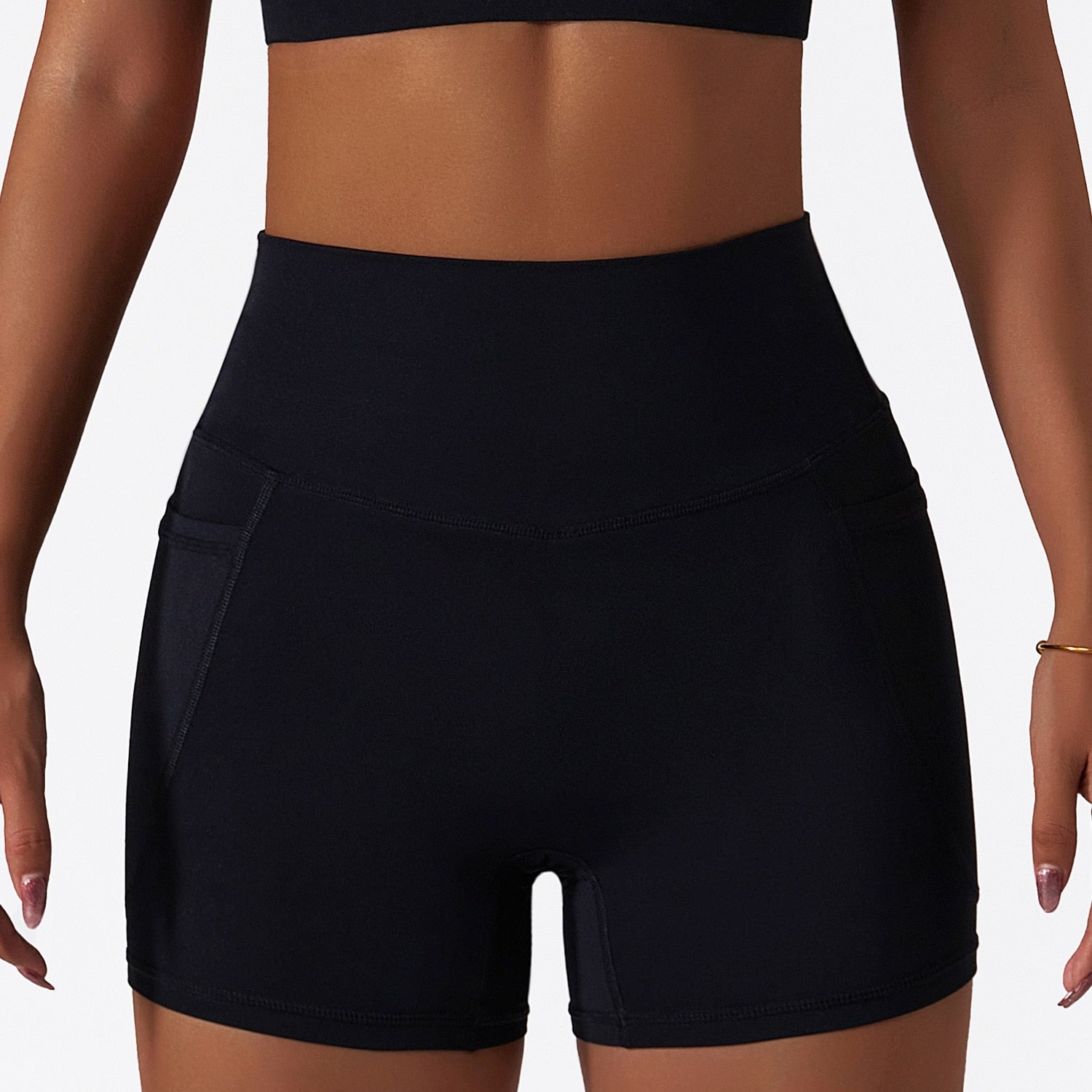 Women's Solid Black Color Seamless High Waisted Yoga Athletic Shorts With Pockets