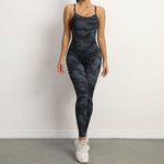 Women's Black Camouflage Brazilian Style One-Piece Sculpted Backless Workout Yoga Unitard Bodysuit Jumpsuit
