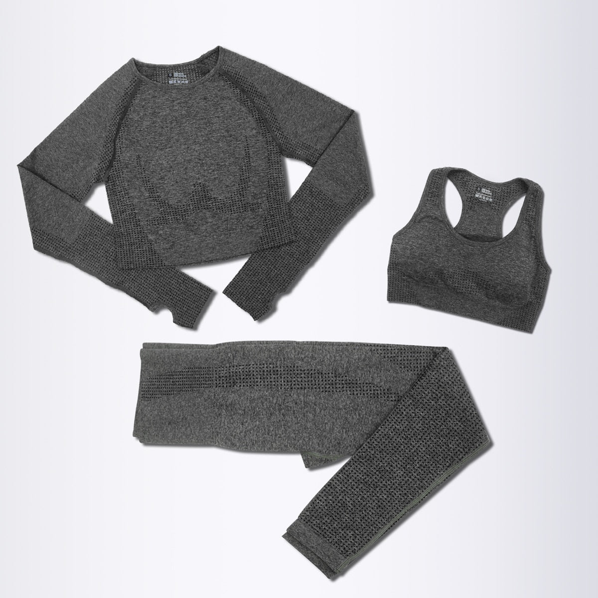 Women's 3-Piece Seamless Dark Grey Long-Sleeve Crop Top Yoga Activewear Set