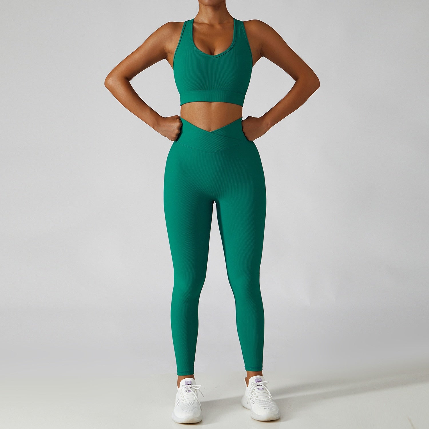 Women's Two Piece Green Ribbed Modern Athletic Sports Bra High Waisted Yoga Leggings Workout Set