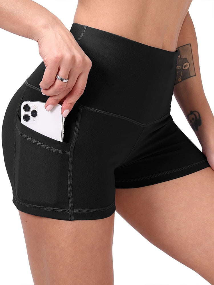 Women's Classic High-waisted Black Athletic Yoga Shorts With Pockets