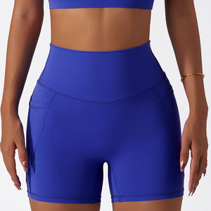 Women's Solid Blue Color Seamless High Waisted Yoga Athletic Shorts With Pockets