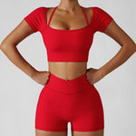 Women's Two Piece Red Ribbed Modern Short Sleeve Yoga Top High Waisted Shorts Workout Set