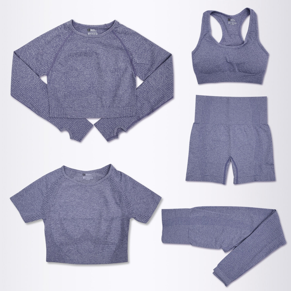 Women's Five Piece Seamless Blue Grey Yoga Activewear Set