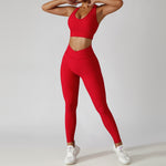 Women's Two Piece Red Ribbed Modern Athletic Sports Bra High Waisted Yoga Leggings Workout Set