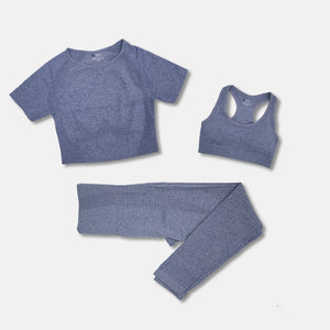 Women's 3 Piece Seamless Blue Grey Yoga Activewear Set