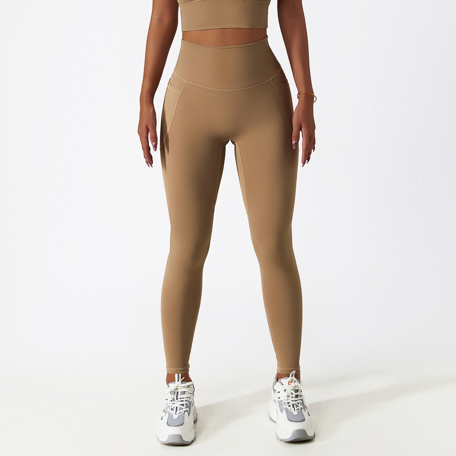 Women's Solid Light Brown Seamless High Waisted Yoga Leggings With Pockets