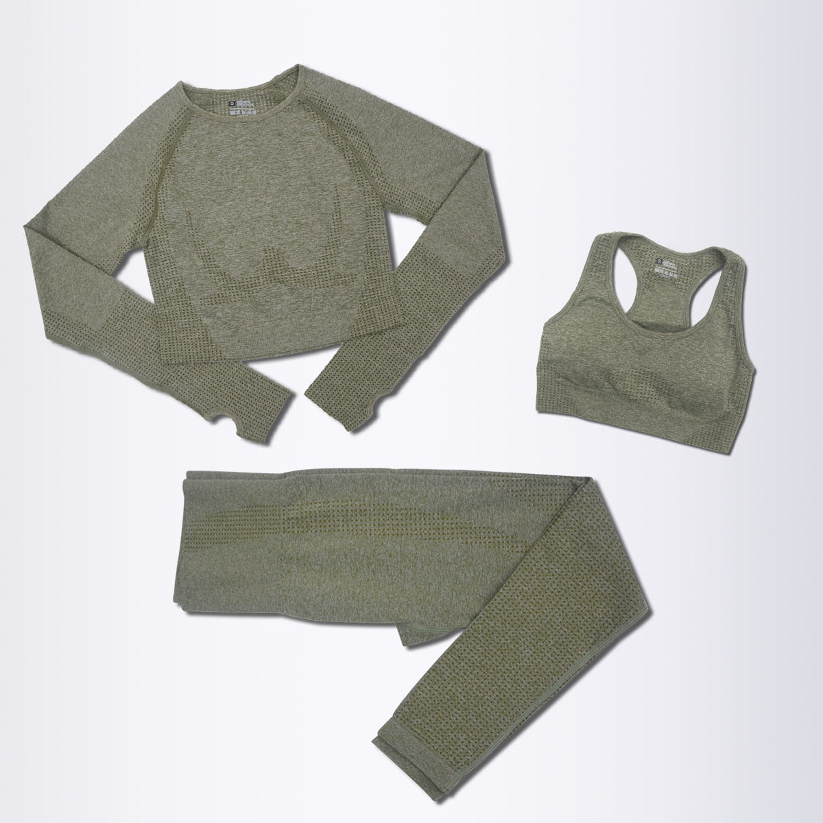 Women's 3-Piece Seamless Olive Army Green Yoga Activewear Set