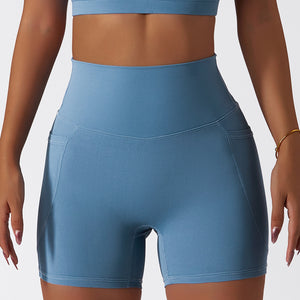 Women's Solid Blue Grey Color Seamless High Waisted Yoga Athletic Shorts With Pockets