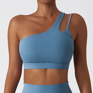 Women's Sexy Grey Blue Single One Shoulder Strap Yoga Athletic Yoga Sports Bra