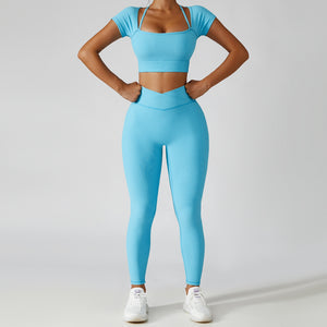 Women's Two Piece Blue Ribbed Modern Short Sleeve Top High Waisted Yoga Leggings Workout Set