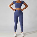 Women's Two Piece Purple Ribbed Modern Short Sleeve Top High Waisted Yoga Leggings Workout Set