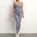 Women's Blue Grey Camouflage Brazilian Style One-Piece Sculpted Backless Workout Yoga Unitard Bodysuit Jumpsuit