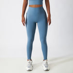 Women's Solid Blue Grey Seamless High Waisted Yoga Leggings With Pockets