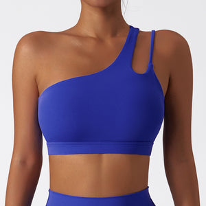 Women's Sexy Blue Single One Shoulder Strap Yoga Athletic Yoga Sports Bra