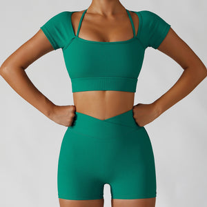 Women's Two Piece Green Ribbed Modern Short Sleeve Yoga Top High Waisted Shorts Workout Set