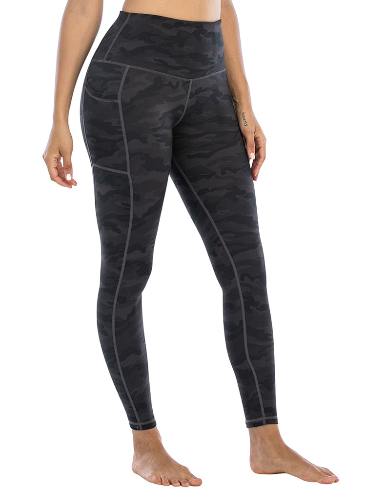 Women's Classic High-waisted Grey Camouflage Yoga Leggings With Pockets