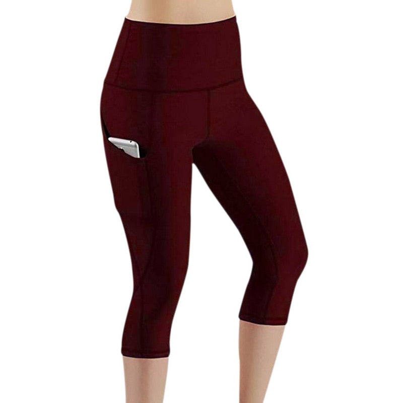 Women's Classic High-waisted Maroon Wine Red Capri Yoga Leggings With Pockets