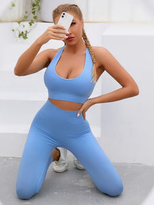 Women's 2 Piece Sky Blue Ribbed Seamless Scoop Style Sports Bra and High Waisted Yoga Leggings