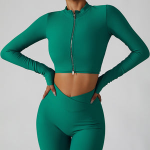 Women's Two Piece Green Ribbed Modern Long Sleeve Top High Waisted Yoga Leggings Workout Set