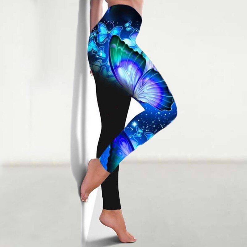 Women's Iridescent Blue Butterflies High-waisted Athletic Yoga Leggings