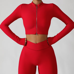 Women's Two Piece Red Ribbed Modern Long Sleeve Top High Waisted Yoga Leggings Workout Set