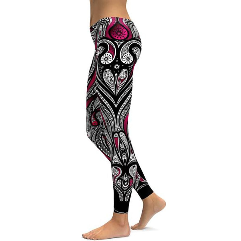 Women's Mid-rise Black Pink Ethnic Tribal Heart Love Athletic Yoga Leggings