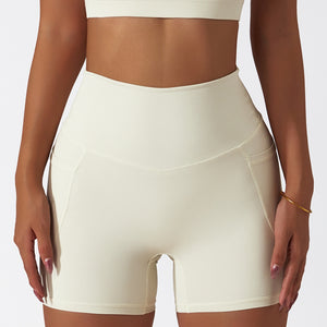 Women's Solid Ivory Color Seamless High Waisted Yoga Athletic Shorts With Pockets