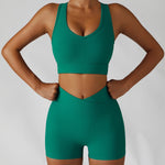 Women's Two Piece Green Ribbed Modern Athletic Sports Bra High Waisted Shorts Workout Set