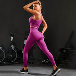 Women's 2 Piece Raspberry Ribbed Seamless Scoop Style Sports Bra and High Waisted Yoga Leggings