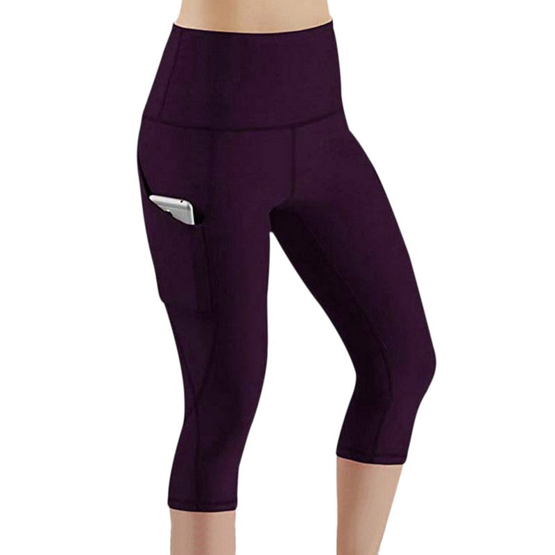 Women's Classic High-waisted Purple Yoga Capri Leggings With Pockets