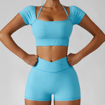 Women's Two Piece Blue Ribbed Modern Short Sleeve Yoga Top High Waisted Shorts Workout Set