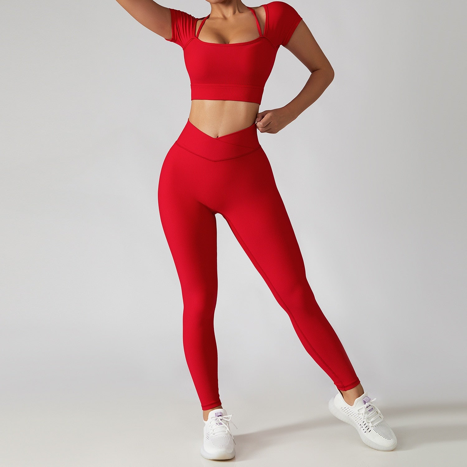 Women's Two Piece Red Ribbed Modern Short Sleeve Top High Waisted Yoga Leggings Workout Set