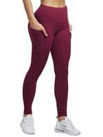 Women's Classic High-waisted Wine Red Athletic Yoga Leggings With Pockets
