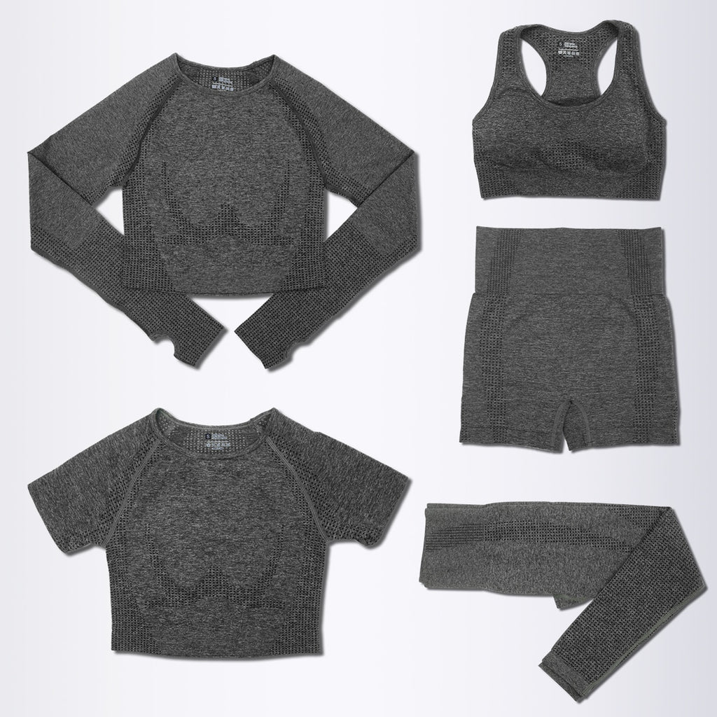 Women's 5 Piece Seamless Grey Yoga Activewear Set