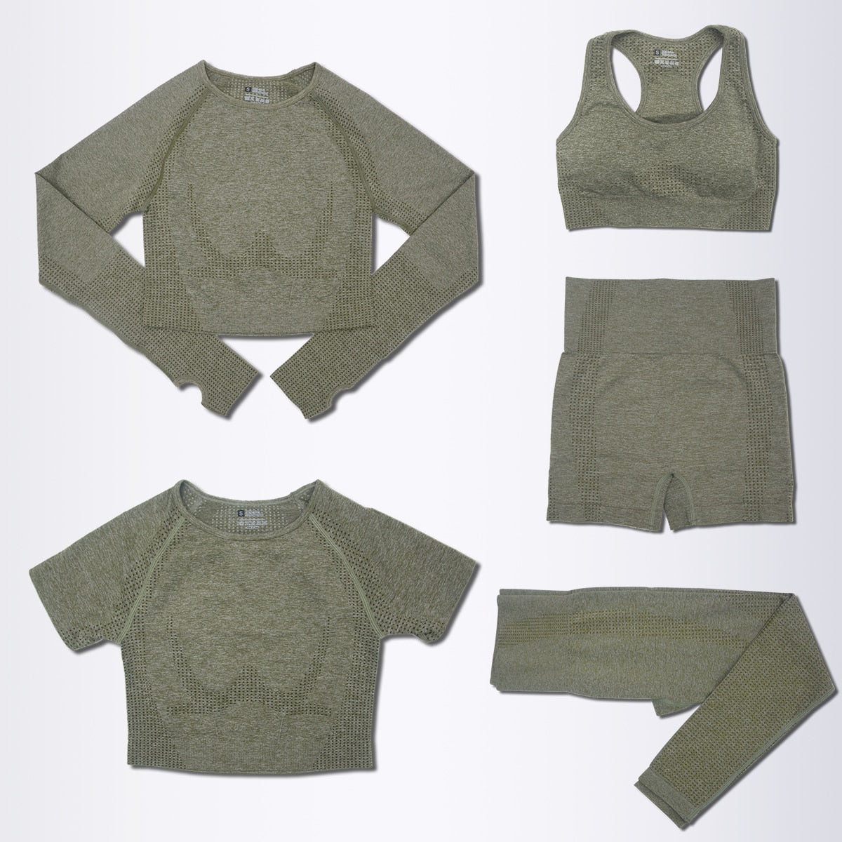 Women's 5 Piece Seamless Olive Army Green Yoga Activewear Set